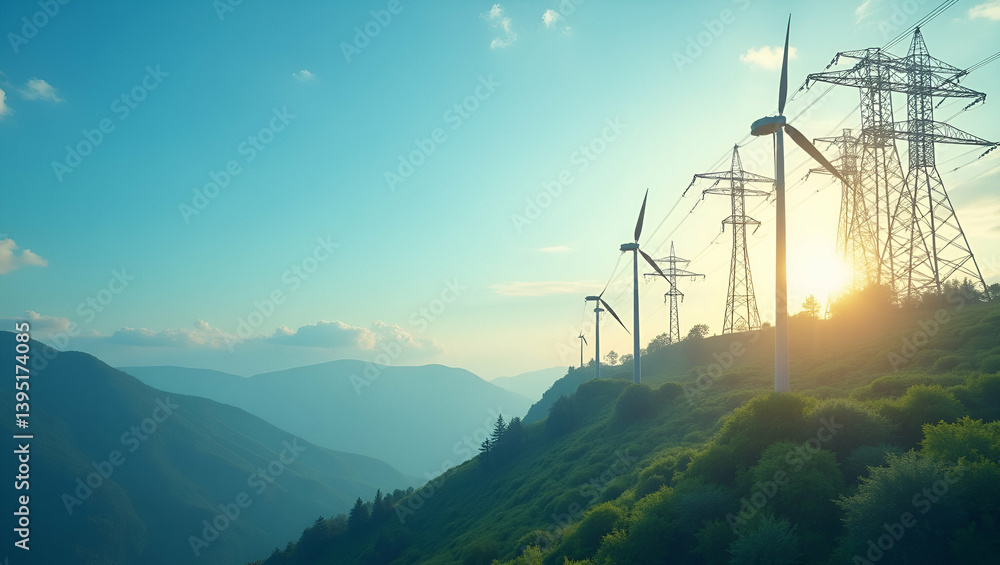 Poster examine energy transition challenges with visuals of renewable integration grid modernization sustai