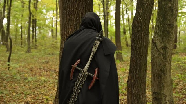 Black cloak, Forest mystery, Black-clad figure. Black-cloaked individual walks through forest, weathered sword strapped to their back.