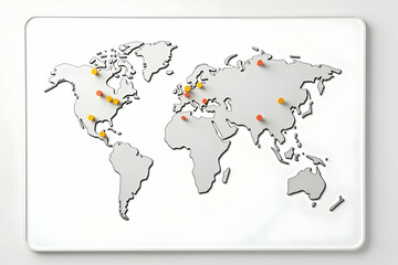Stylized World Map on Whiteboard with Colorful Pins Marking Global Locations, Ideal for Business Strategy and International Collaboration Visualization