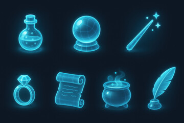 Magical icon set: enchanting 3d collection featuring potions, crystal ball, and more