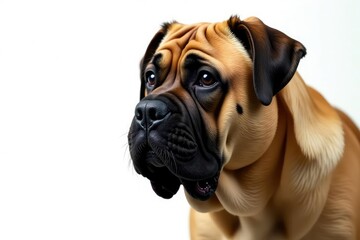 Fototapeta premium Imposing mastiff, attentive gaze, pure white backdrop, guard, pet