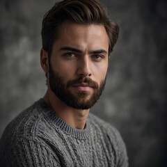 bearded man in a gray sweater