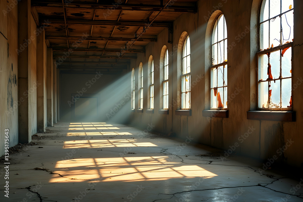Poster sunlight streaming through arched windows in an empty urban warehouse, casting shadows and creating 