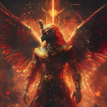 A regal avian figure stands with outstretched wings and glowing light