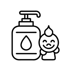 Baby skincare product lotion bottle with cute baby character line art vector icon