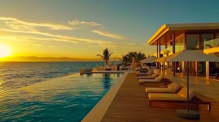 Ocean view villa infinity pool with seating, sun, and sunset. Relaxing getaway ad