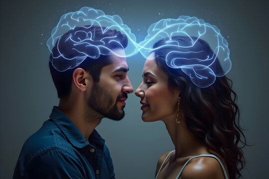Telepathic connection, A man and woman share a profound mental bond, brains glowing with energy, symbolizing understanding, empathy, and intellectual harmony between minds