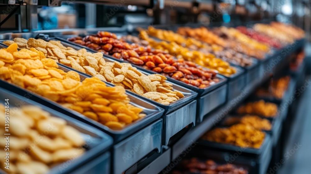 Poster rows of vibrant snack trays line the assembly line, showcasing a variety of shapes and colors. worke