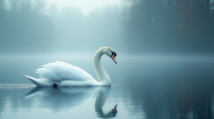 Obraz premium Majestic swan in a misty morning