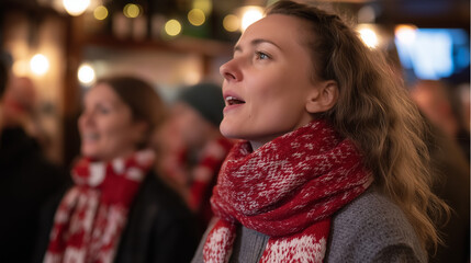 Soccer fans enjoying chants together with scarves raised in a pub