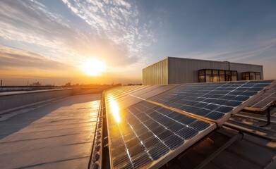 Fototapeta premium Solar Panels on Building Roof Reflecting Sunset for Renewable Energy
