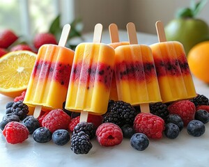 Colorful fruit popsicles with mixed berries.