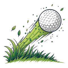 Create a vector illustration of a golf ball in mid-flight, using bold, dynamic strokes.  Emphasize motion and energy.
