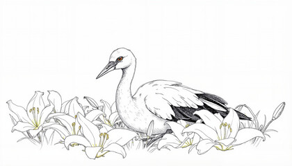 Obraz premium Stork standing among lilies in a minimalist style 