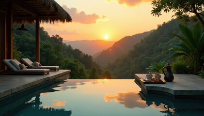 Fototapeta premium Sunrise breakfast in luxury spa pool overlooking jungle, greenery, morning, exotic