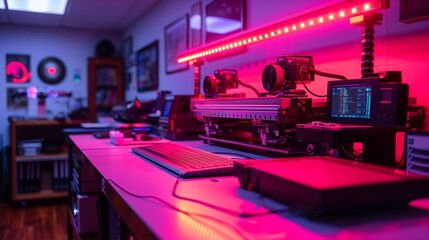 A tech enthusiasts workstation radiates with pink neon lighting, showcasing a blend of creativity and technical expertise
