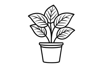 Potted Plant Outline, Simple Black & White Line Drawing of Leaves in Pot, Indoor Decor