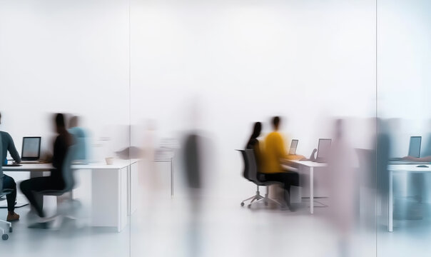 Futuristic office with motion-blurred, unrecognizable workers at computers behind glass, symbolizing digital flow, anonymity, and the fast-paced rhythm of tech-driven workspaces