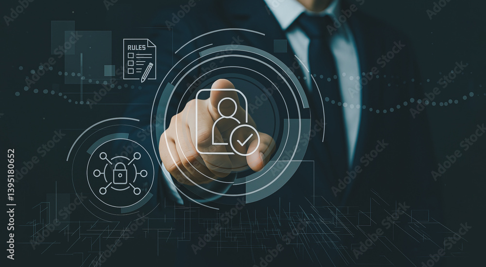 Poster a business professional selects a digital user verification icon, symbolizing secure access, identit