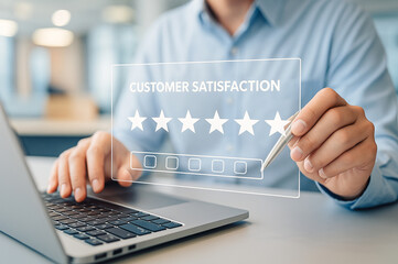 A business professional uses a digital interface to evaluate customer satisfaction, highlighting service quality, feedback, and performance metrics.