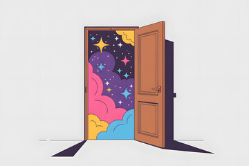 Simple and dreamy  illustration depicting an open doorway revealing a whimsical world filled with colorful clouds, twinkling stars, and a sense of wonder, representing opportunity, imagination