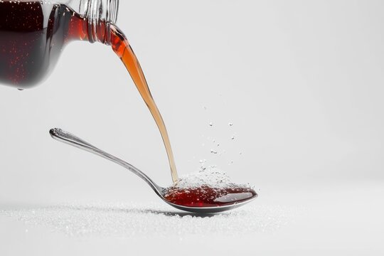 Pouring Syrup Onto Spoonful of Sugar for Sweet Recipe Concept