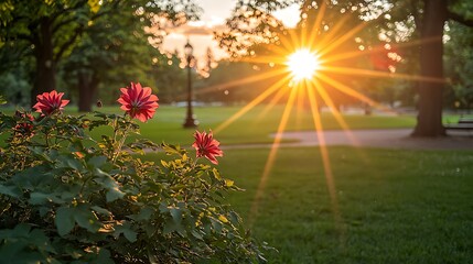 Fototapeta premium Park sunset with flowers and sunbeams