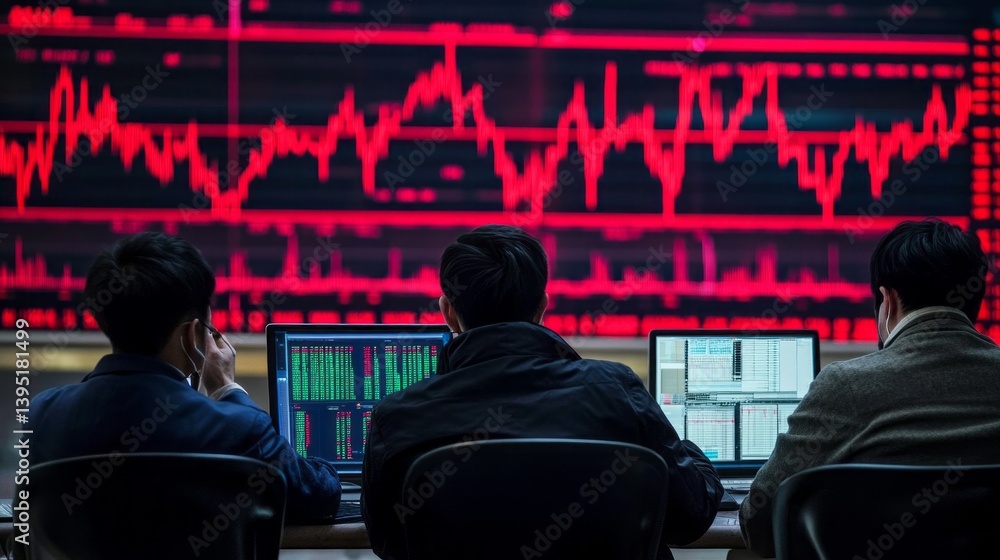 Poster three finance professionals focus intently on multiple screens displaying fluctuating stock market d