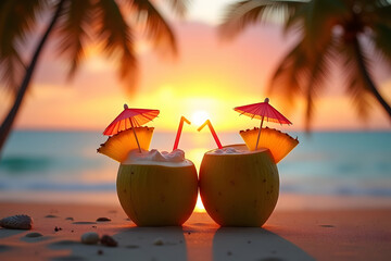 Tropical beach escape, Refreshing coconut drinks at sunset with vibrant pineapple garnishes evoking relaxation and exotic vacation vibes amidst palm trees and ocean backdrop