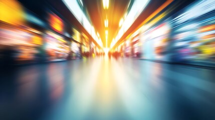 People blurred in bright airport hall; motion for travel, commuting, retail background