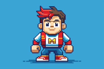 Pixelated Brownhaired Man with Red Highlights and Letter M Emblem on Shirt Isolated