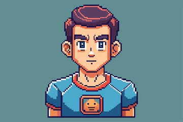 Pixel Portrait of Young Man with Brown Hair, Blue Eyes, in Blue Shirt, Neutral Pose