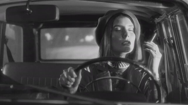 Young elegant woman in retro outfit smoking cigarette and smiling while driving vintage car on city street at night. Black and white footage, video portrait
