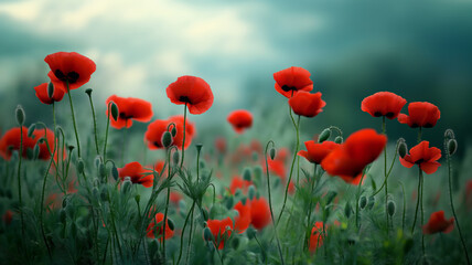 Vibrant red poppies blooming in a lush green field under a soft, cloudy sky, evoking serenity, nature’s beauty, and seasonal renewal in a dreamy springtime landscape