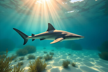 Obraz premium Underwater ballet, A majestic hammerhead shark gracefully gliding above a vibrant seabed illuminated by the sun's ethereal rays in a clear ocean