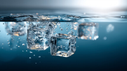 Ice Cubes Floating in Clear Water with Bubbles