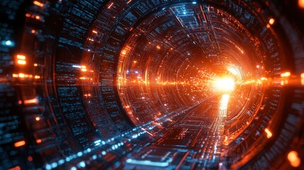 Obraz premium Abstract Digital Tunnel with Orange and Blue Glowing Particles