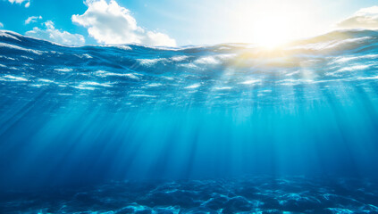 serene underwater scene showcasing deep blue sea illuminated by sunlight, creating tranquil atmosphere