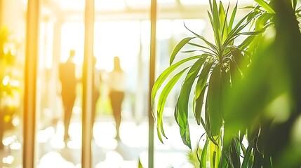 Obraz premium Plant in office foreground, colleagues walking away behind glass wall; concept for work, environment, success
