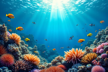 Underwater paradise a breathtaking coral reef ecosystem teeming with life, fish gracefully swim amidst vibrant corals in a sunlit ocean, showcasing nature's beauty
