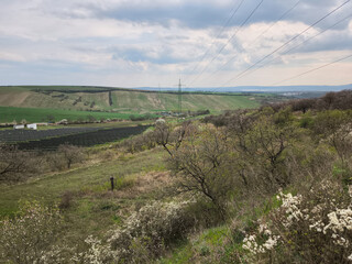 Lush green hills and cultivated fields stretch beneath a network of power lines, marking a rural...