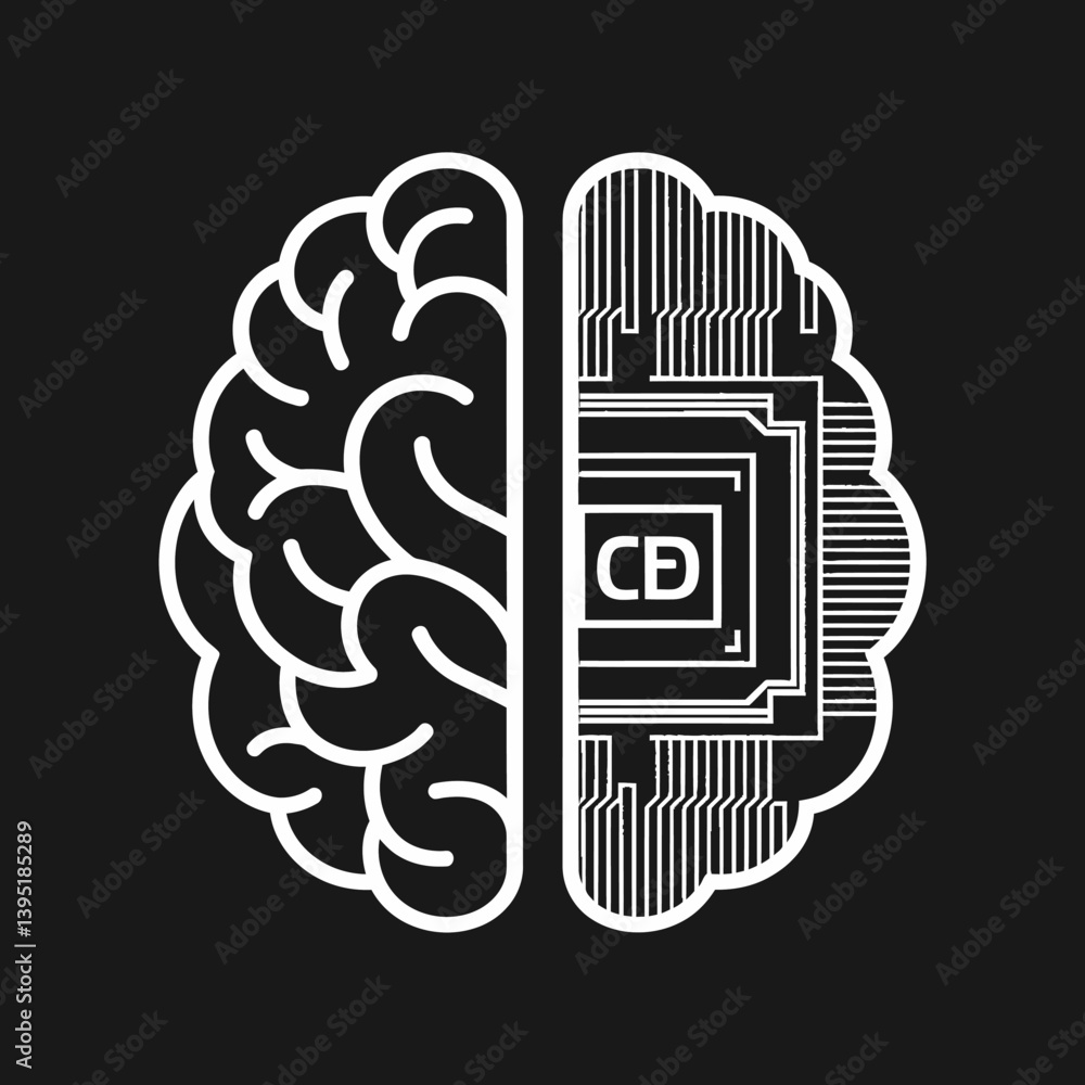 Poster artificial intelligence brain concept: logic and creative integration
