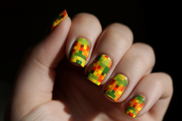 Close-up of hand with nails showcasing a pixelated design in green, yellow, orange and red hues.  Illustrates autumnal color palette and modern nail art trend