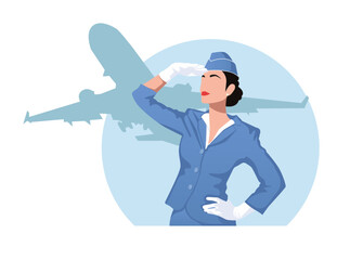 A flight attendant Stewardess on a blue background of the sky and the silhouette of an airplane, vector graphics on an isolated background