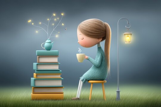 A reader sipping tea beside a tower of unread books