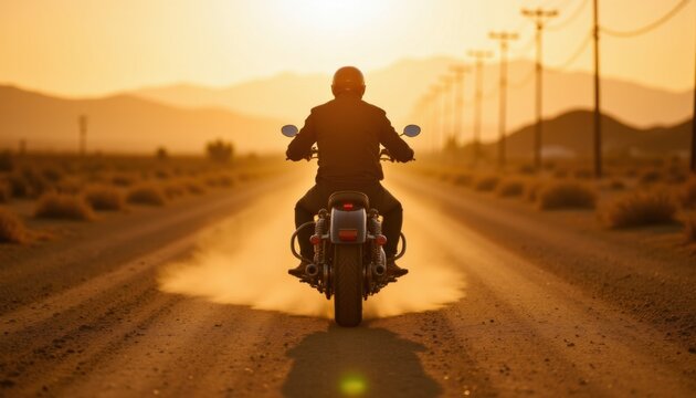 Motorcycle riding adventure at sunset desert road travel photography scenic landscape wide angle freedom and exploration