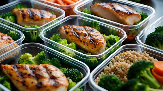 Healthy meal prep containers filled with grilled chicken breasts, steamed broccoli, quinoa, and fresh vegetables arranged in rows for nutritious convenient eating

