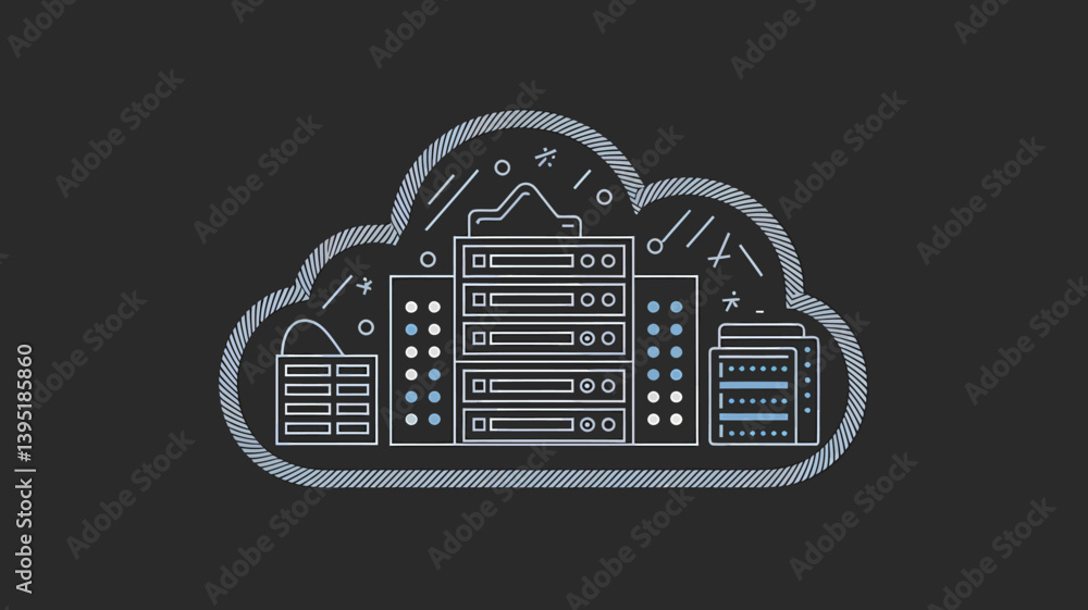 Poster cloud computing server network, data storage outline illustration on black background