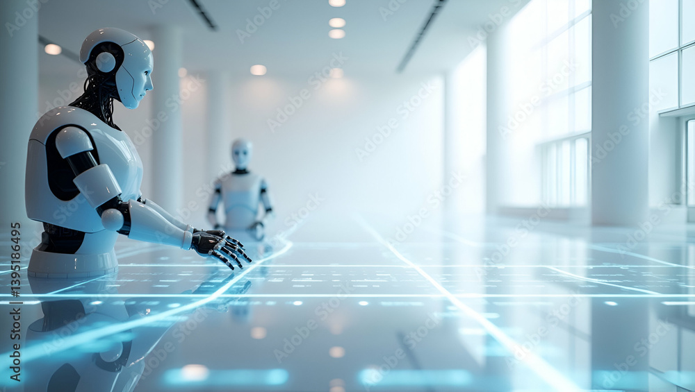 Poster futuristic wallpaper design: robotics & iot in minimalist style with expansive empty space for premi
