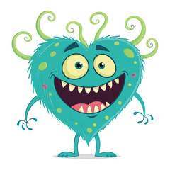 Design a vibrant vector illustration of a heart-shaped monster with bold, thick outlines.  Focus on strong graphic style.